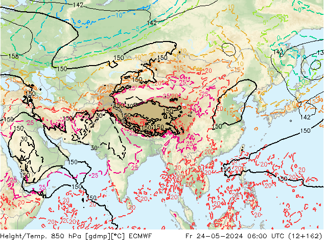 Hoogte/Temp. 850 hPa ECMWF vr 24.05.2024 06 UTC