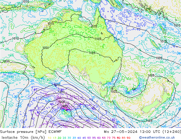 Isotachs (kph) ECMWF Seg 27.05.2024 12 UTC