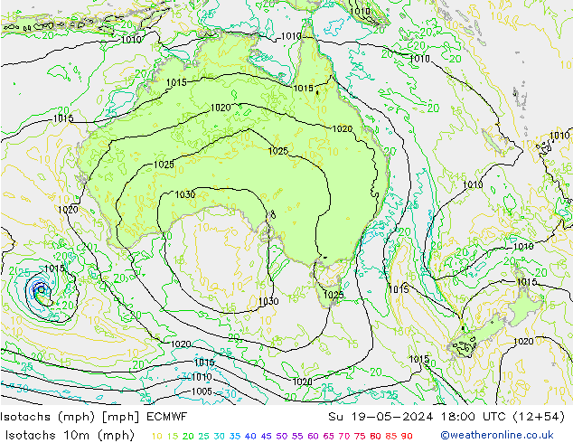 Isotachen (mph) ECMWF So 19.05.2024 18 UTC