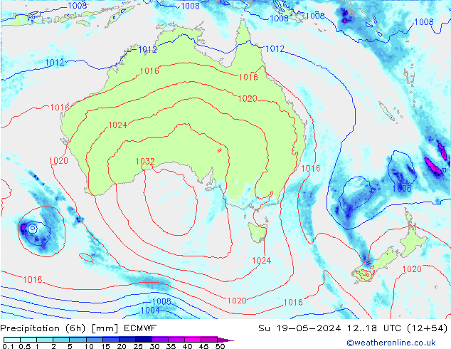 Precipitation (6h) ECMWF Su 19.05.2024 18 UTC