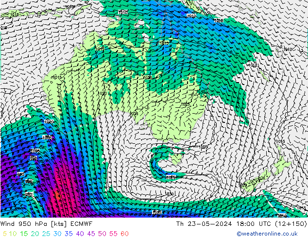 wiatr 950 hPa ECMWF czw. 23.05.2024 18 UTC