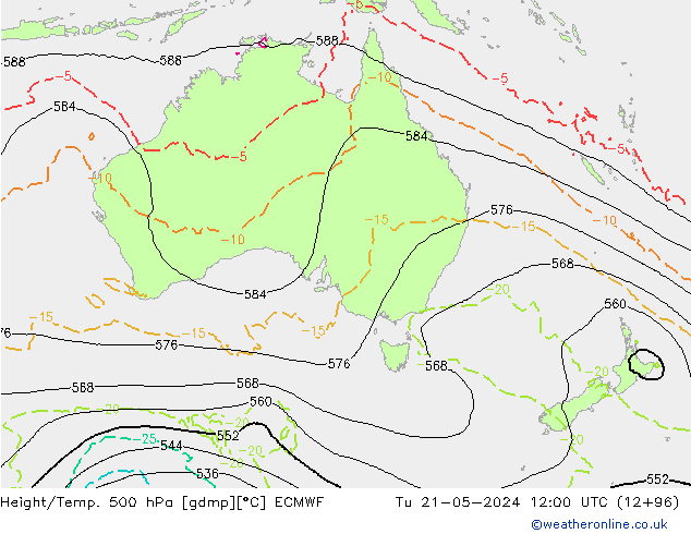 Z500/Rain (+SLP)/Z850 ECMWF wto. 21.05.2024 12 UTC