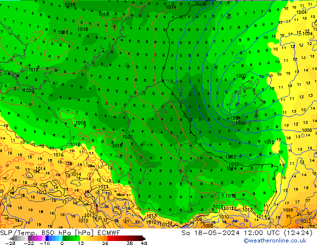 SLP/Temp. 850 hPa ECMWF so. 18.05.2024 12 UTC