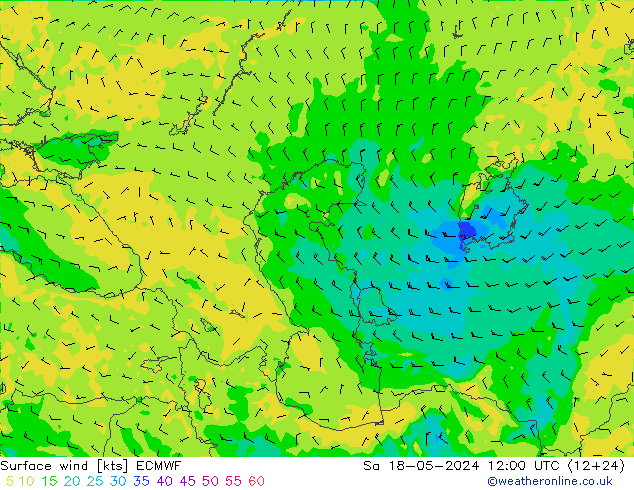 wiatr 10 m ECMWF so. 18.05.2024 12 UTC