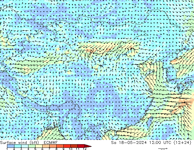 Wind 10 m (bft) ECMWF za 18.05.2024 12 UTC
