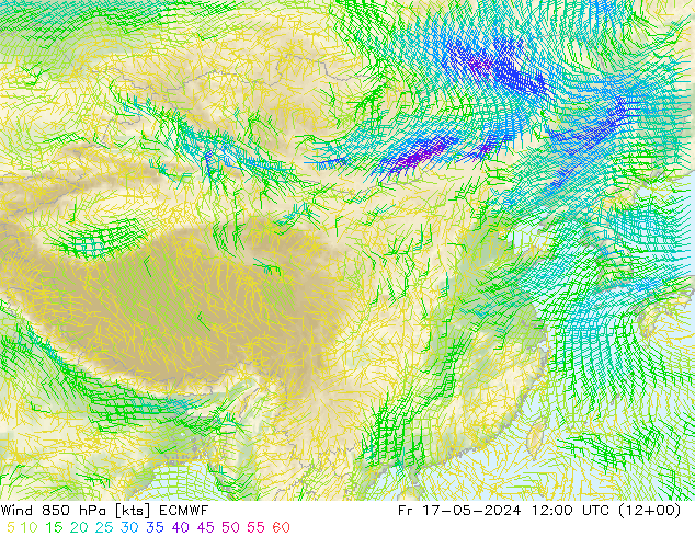 wiatr 850 hPa ECMWF pt. 17.05.2024 12 UTC