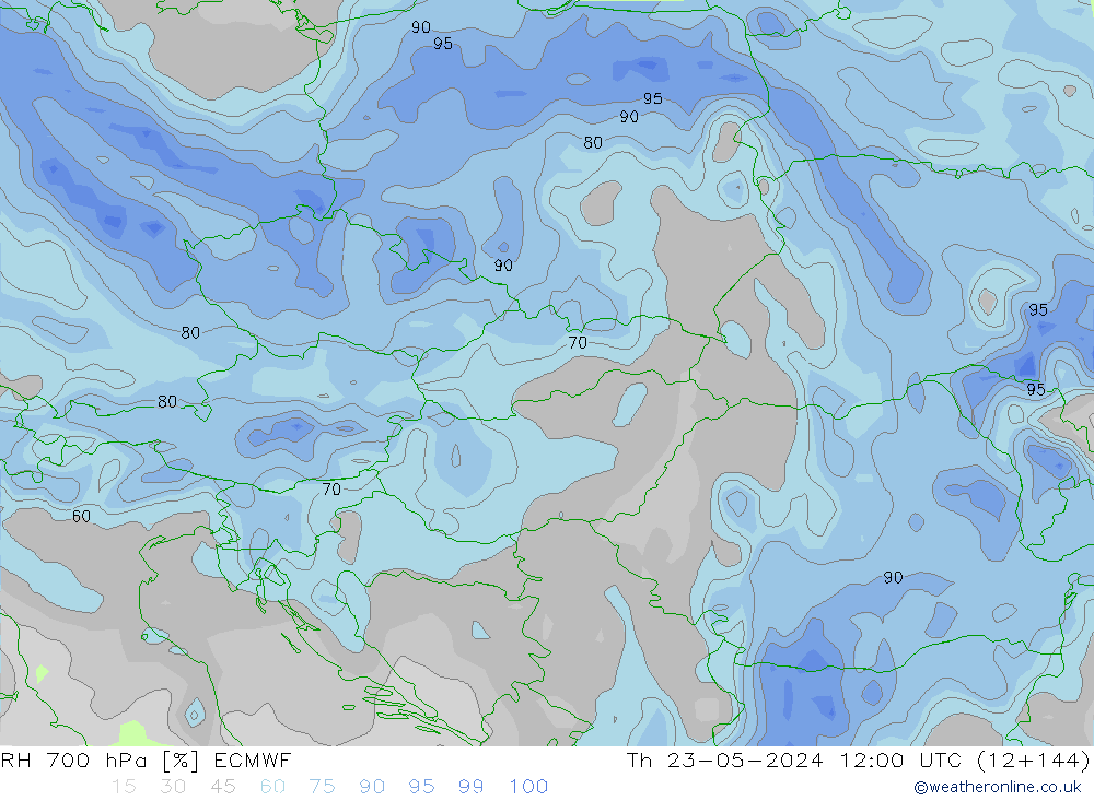 RH 700 hPa ECMWF Čt 23.05.2024 12 UTC