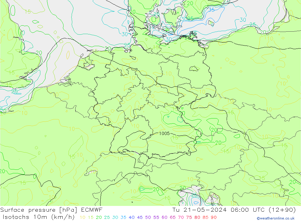 Isotachs (kph) ECMWF Út 21.05.2024 06 UTC