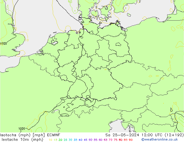 Isotachs (mph) ECMWF Sáb 25.05.2024 12 UTC