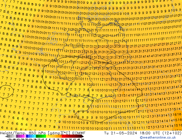 Height/Temp. 850 hPa ECMWF Út 21.05.2024 18 UTC