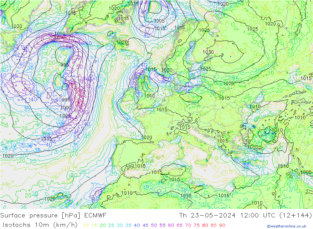 Isotachen (km/h) ECMWF Do 23.05.2024 12 UTC