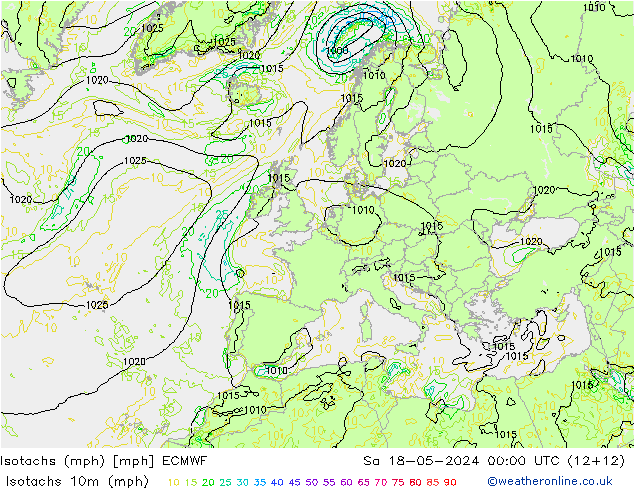Isotachs (mph) ECMWF sab 18.05.2024 00 UTC