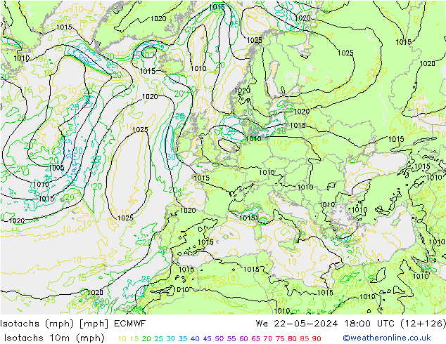 Izotacha (mph) ECMWF śro. 22.05.2024 18 UTC