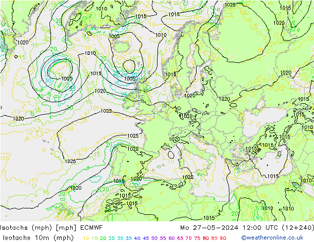 Isotachs (mph) ECMWF пн 27.05.2024 12 UTC