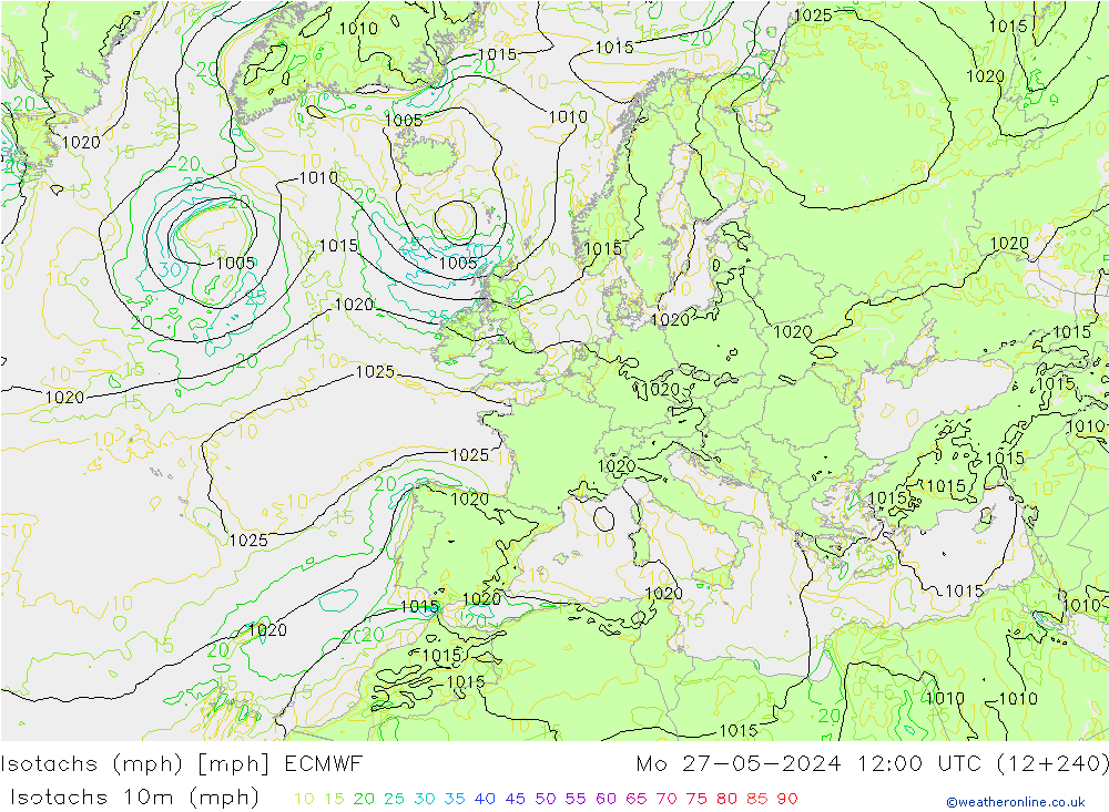 Isotaca (mph) ECMWF lun 27.05.2024 12 UTC