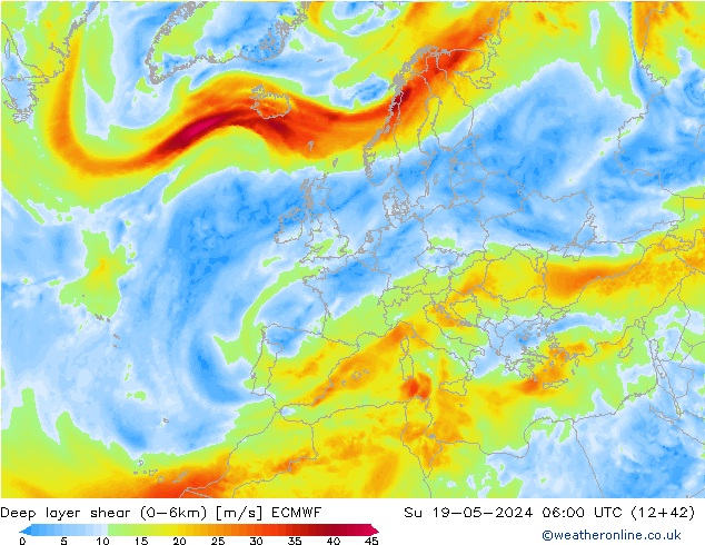 Deep layer shear (0-6km) ECMWF Вс 19.05.2024 06 UTC