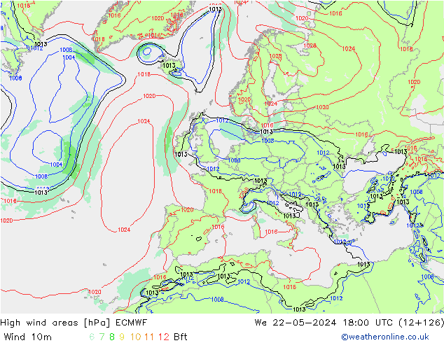 High wind areas ECMWF  22.05.2024 18 UTC