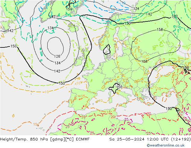 Z500/Rain (+SLP)/Z850 ECMWF Sa 25.05.2024 12 UTC