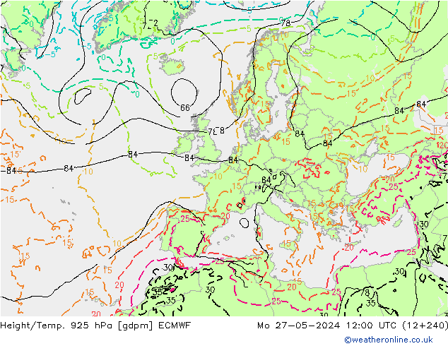 Height/Temp. 925 hPa ECMWF Mo 27.05.2024 12 UTC