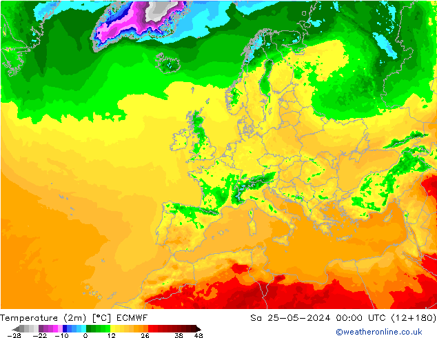 Temperatuurkaart (2m) ECMWF za 25.05.2024 00 UTC