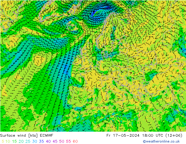 wiatr 10 m ECMWF pt. 17.05.2024 18 UTC