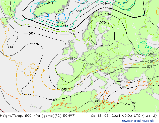 Height/Temp. 500 hPa ECMWF Sa 18.05.2024 00 UTC