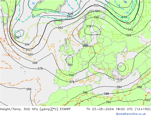 Z500/Rain (+SLP)/Z850 ECMWF czw. 23.05.2024 18 UTC