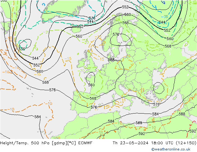 Z500/Rain (+SLP)/Z850 ECMWF gio 23.05.2024 18 UTC