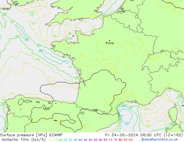 Isotachs (kph) ECMWF Sex 24.05.2024 06 UTC