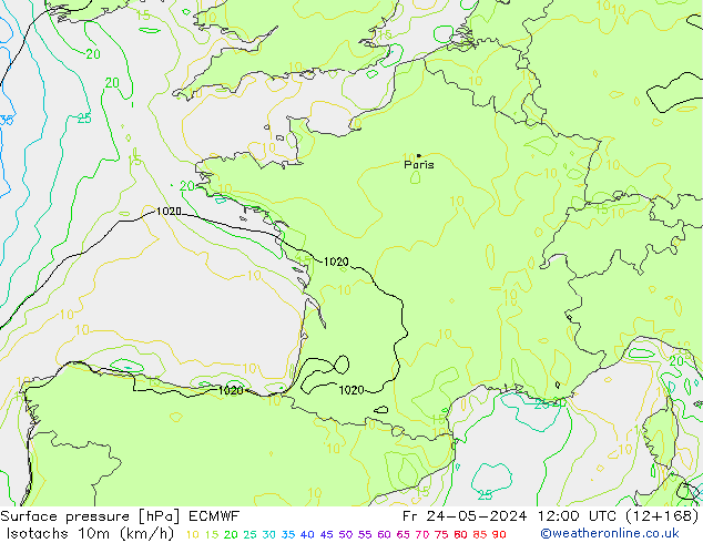 Isotachs (kph) ECMWF ven 24.05.2024 12 UTC