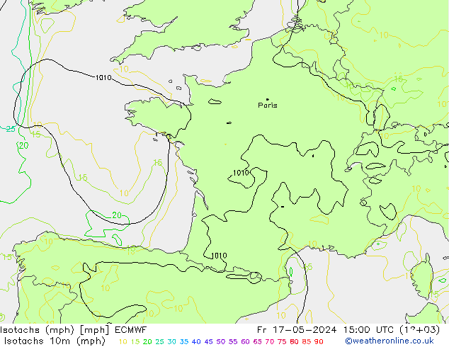 Isotachs (mph) ECMWF пт 17.05.2024 15 UTC