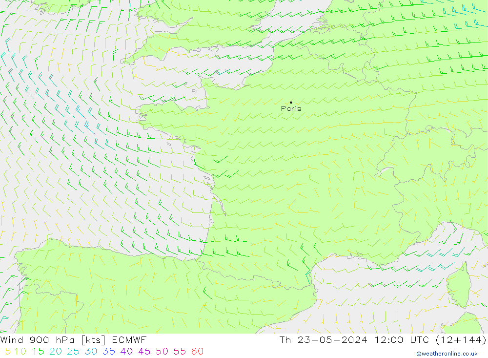 Wind 900 hPa ECMWF Čt 23.05.2024 12 UTC