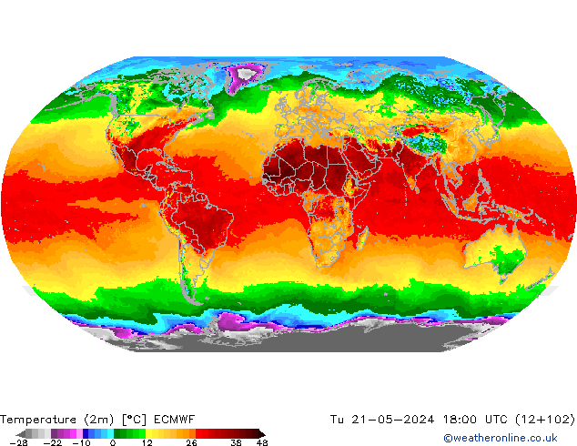 Temperature (2m) ECMWF Tu 21.05.2024 18 UTC