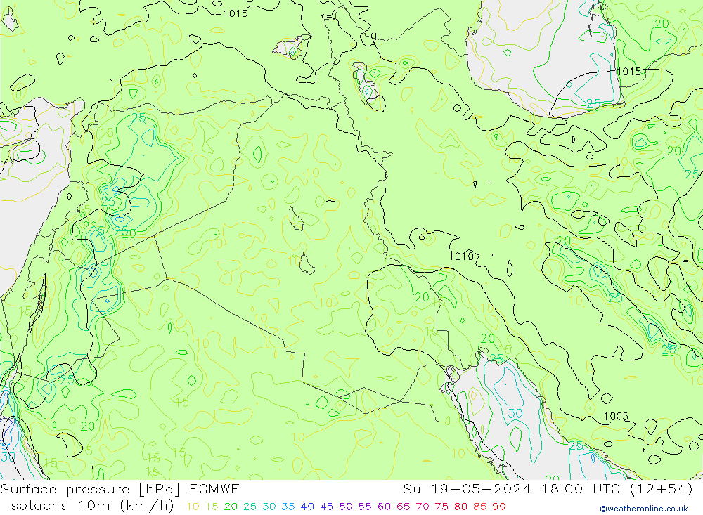 Izotacha (km/godz) ECMWF nie. 19.05.2024 18 UTC