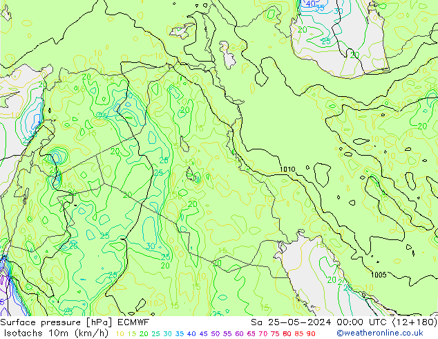Isotachen (km/h) ECMWF za 25.05.2024 00 UTC