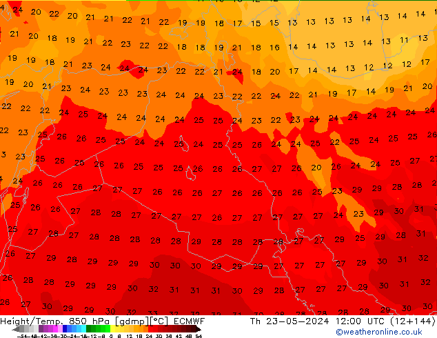 Z500/Rain (+SLP)/Z850 ECMWF czw. 23.05.2024 12 UTC