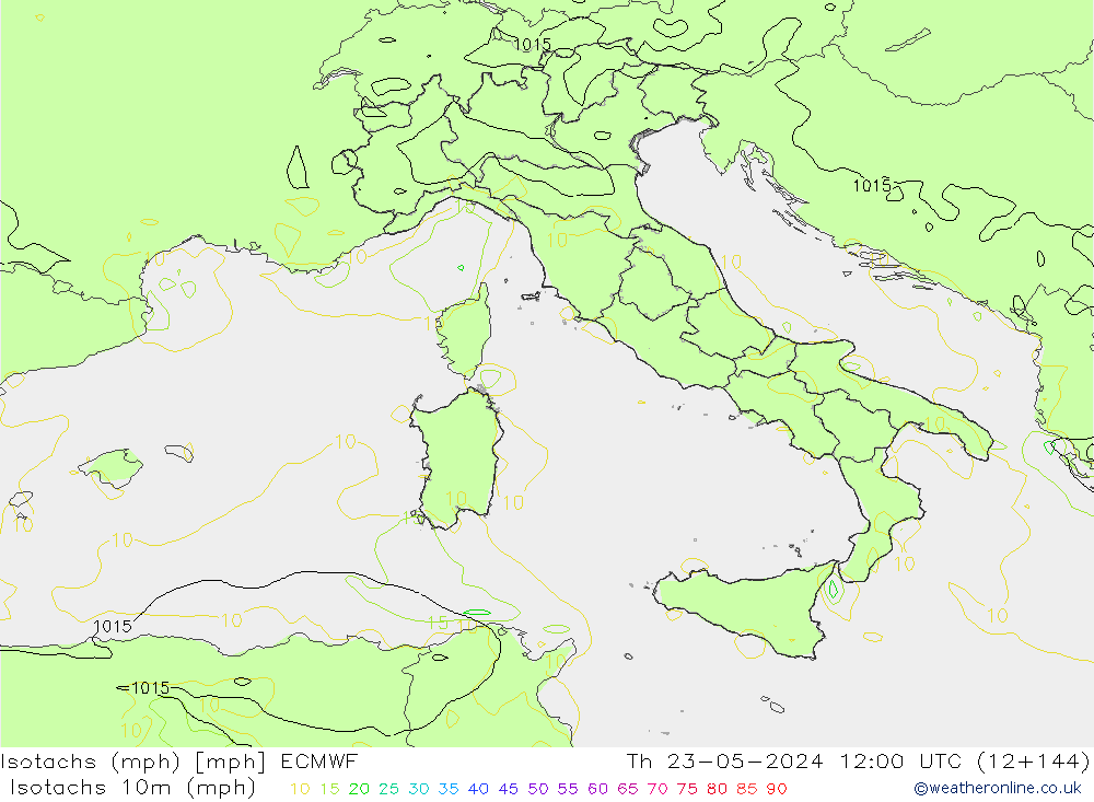Isotachs (mph) ECMWF Th 23.05.2024 12 UTC