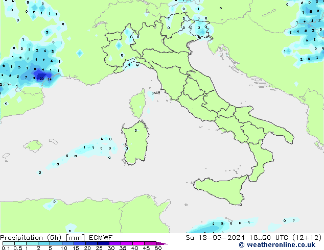 Precipitazione (6h) ECMWF sab 18.05.2024 00 UTC