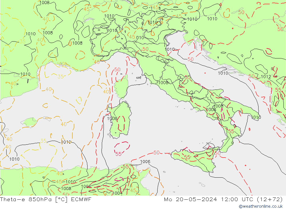 Theta-e 850hPa ECMWF ma 20.05.2024 12 UTC