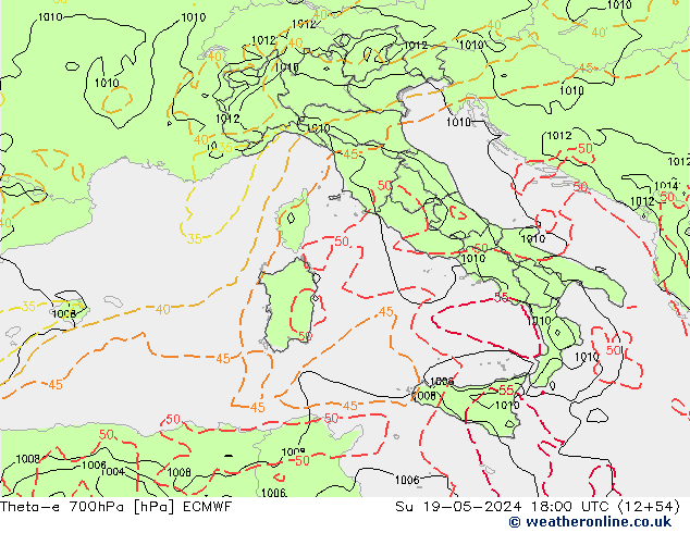 Theta-e 700hPa ECMWF Paz 19.05.2024 18 UTC