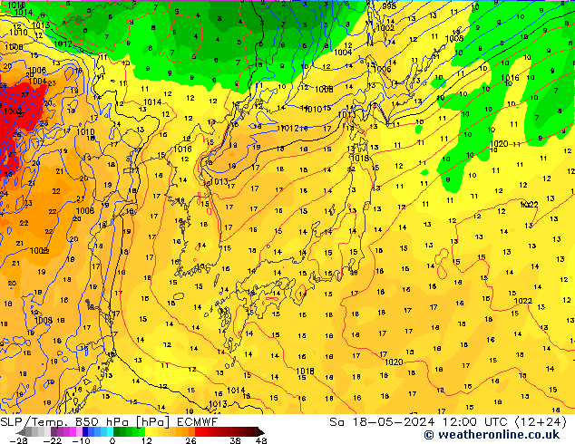 SLP/Temp. 850 hPa ECMWF Sáb 18.05.2024 12 UTC