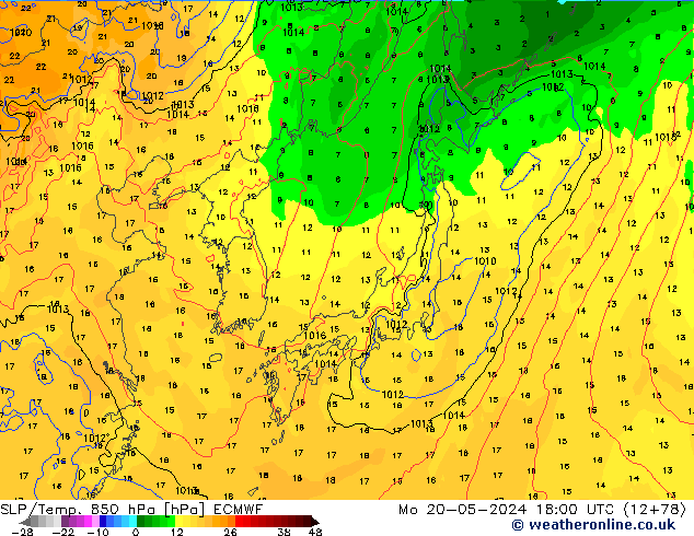 SLP/Temp. 850 hPa ECMWF Mo 20.05.2024 18 UTC