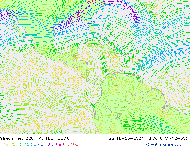 Linea di flusso 300 hPa ECMWF sab 18.05.2024 18 UTC