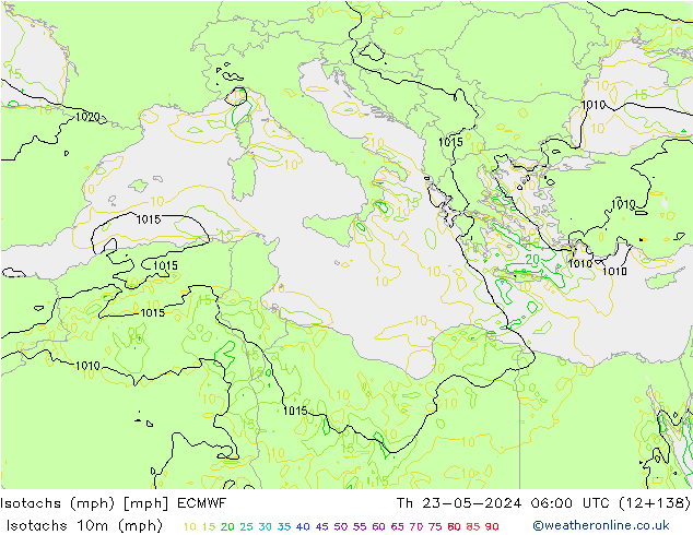 Isotachs (mph) ECMWF Th 23.05.2024 06 UTC