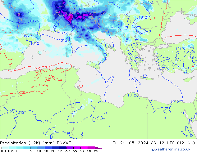 Precipitation (12h) ECMWF Tu 21.05.2024 12 UTC