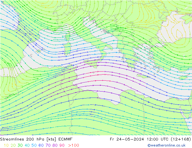 Stroomlijn 200 hPa ECMWF vr 24.05.2024 12 UTC