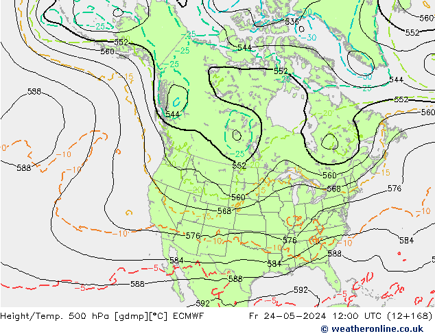 Z500/Rain (+SLP)/Z850 ECMWF Fr 24.05.2024 12 UTC