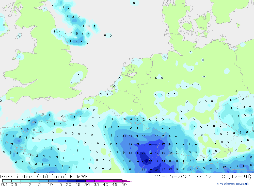 Precipitação (6h) ECMWF Ter 21.05.2024 12 UTC