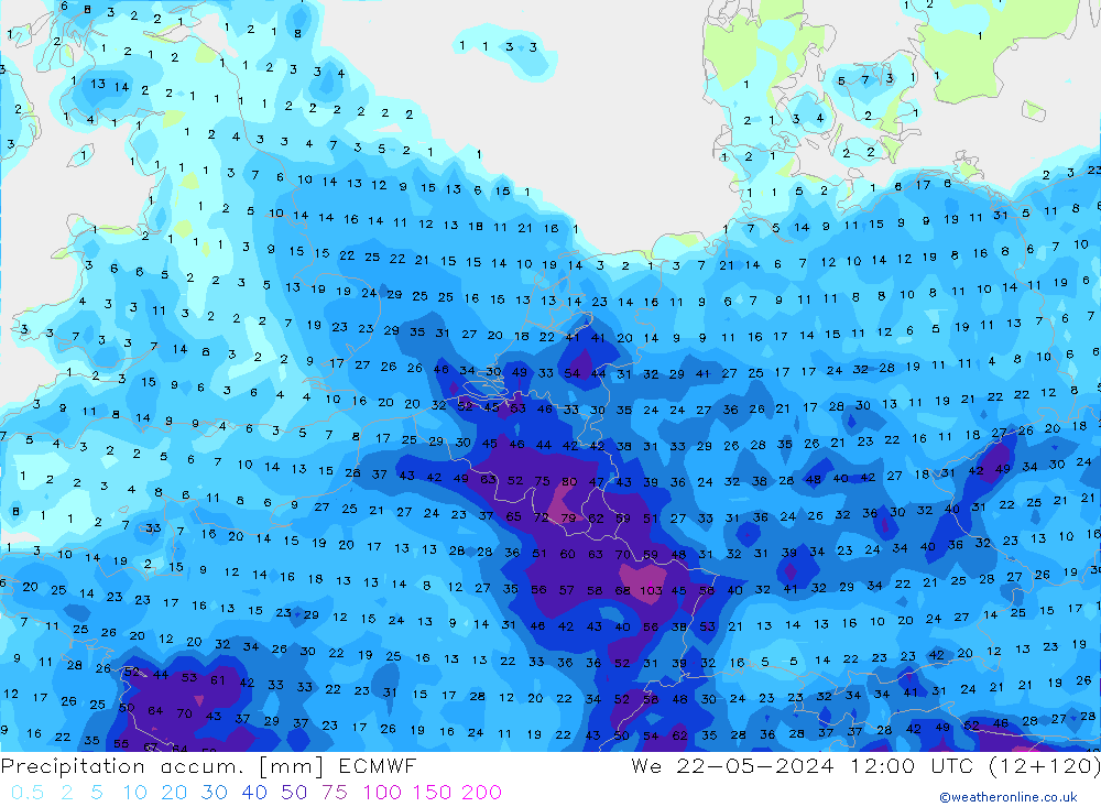 Precipitation accum. ECMWF Qua 22.05.2024 12 UTC
