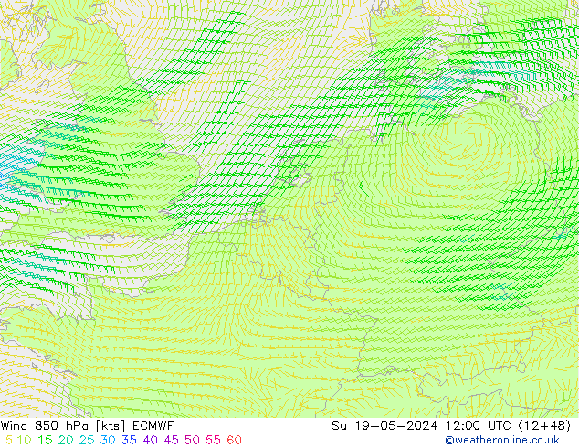 Wind 850 hPa ECMWF zo 19.05.2024 12 UTC